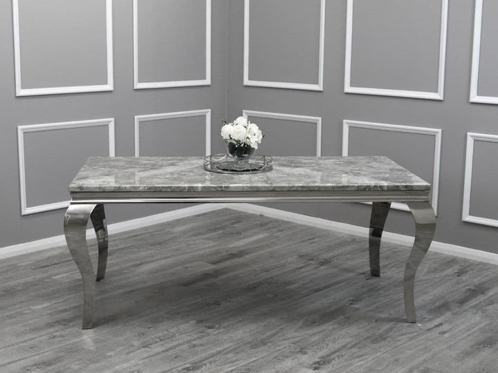 Louis 160cm Grey Marble Dining Table + Lucy Lion Slim Knocker Plush Velvet Chairs In 4 Colours - Belmont Interiors