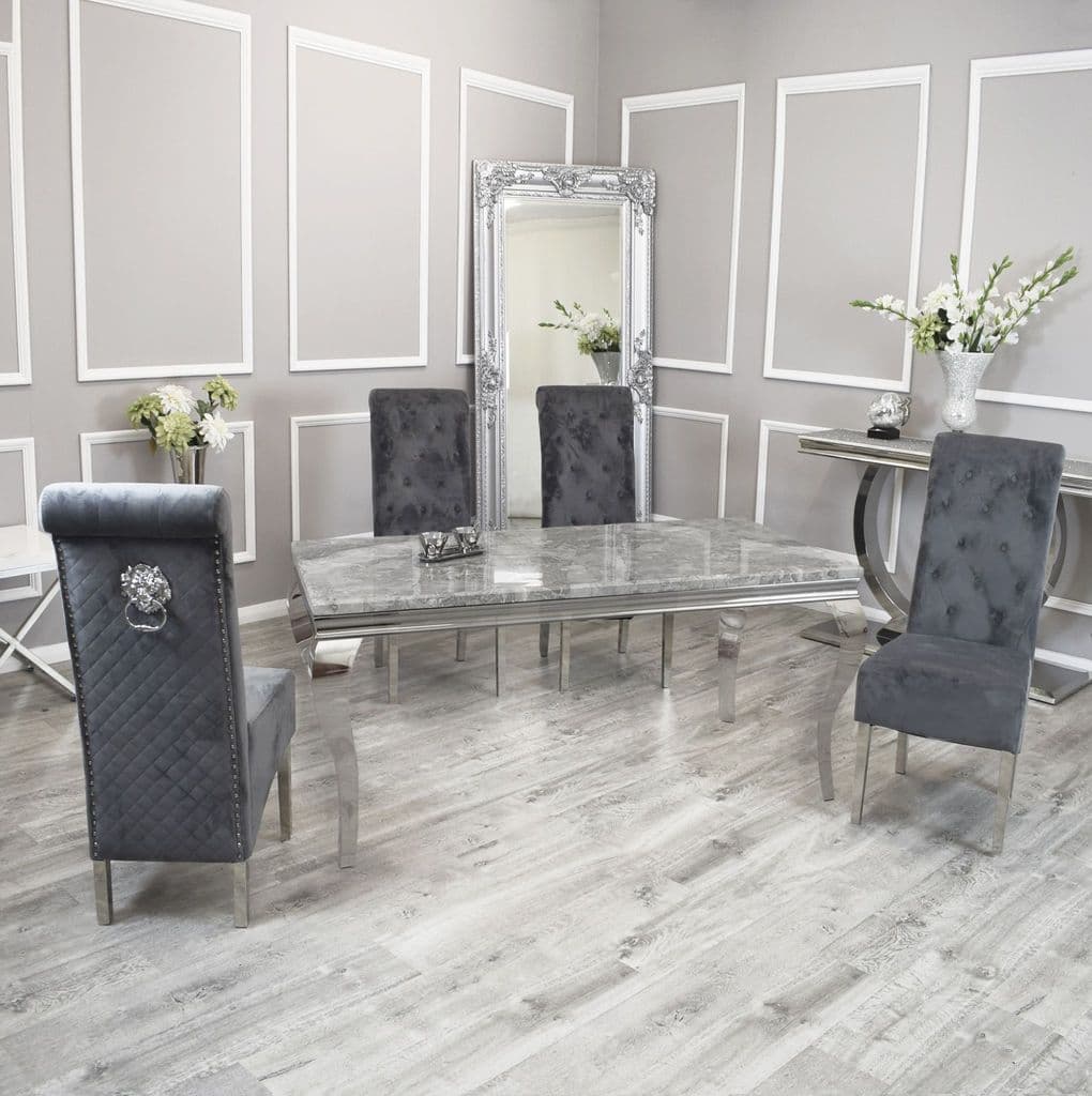 Louis 160cm Grey Marble Dining Table + Lucy Grey Lion Slim Knocker Plush Velvet Chairs - Belmont Interiors