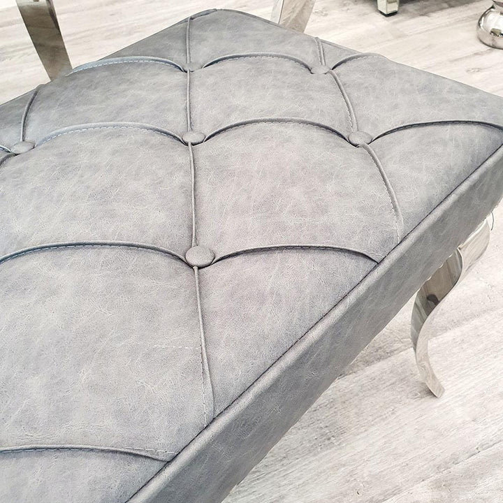 Louis 180cm White Marble Dining Table + 4 Dark Grey Lion PU Leather Knocker Chairs + 130cm PU Leather Bench - Belmont Interiors