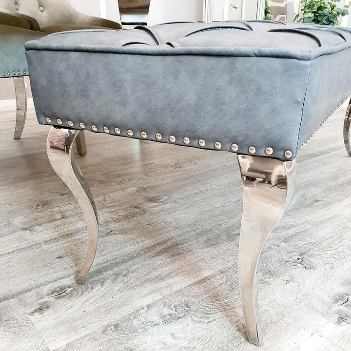 Louis 180cm White Marble Dining Table + 4 Dark Grey Lion PU Leather Knocker Chairs + 130cm PU Leather Bench - Belmont Interiors
