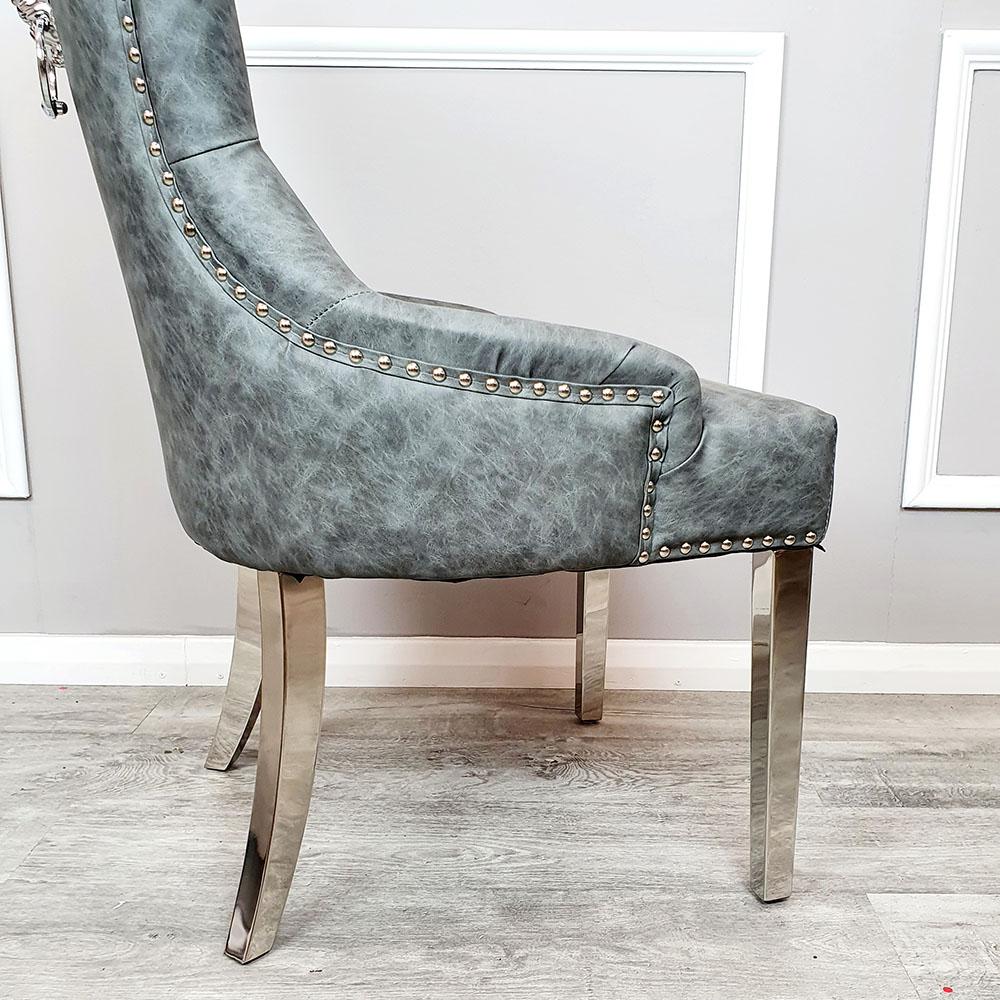 Megan Dark Grey PU Dining Chair Faux Leather Lion Knocker Chrome - Belmont Interiors