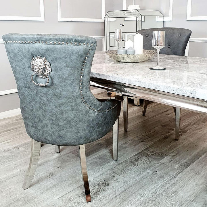 Megan Dark Grey PU Dining Chair Faux Leather Lion Knocker Chrome - Belmont Interiors