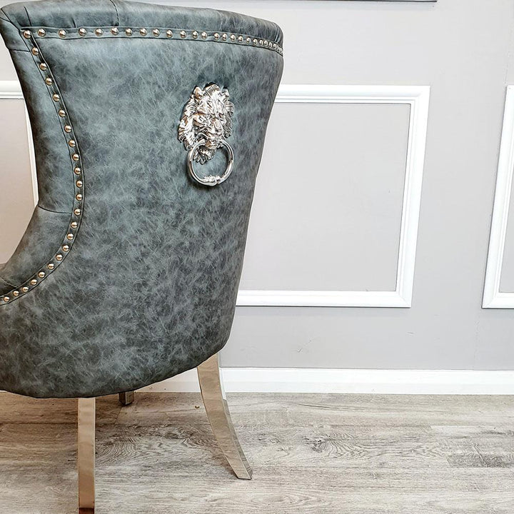 Megan Dark Grey PU Dining Chair Faux Leather Lion Knocker Chrome - Belmont Interiors