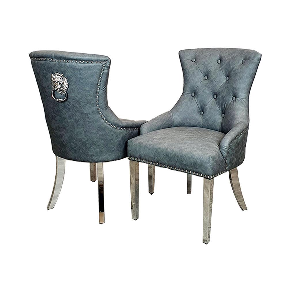 Megan Dark Grey PU Dining Chair Faux Leather Lion Knocker Chrome - Belmont Interiors