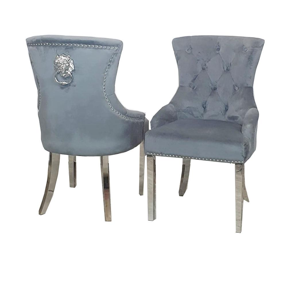 Megan Dark Grey Plush Velvet Lion Knocker Dining Chair - Belmont Interiors