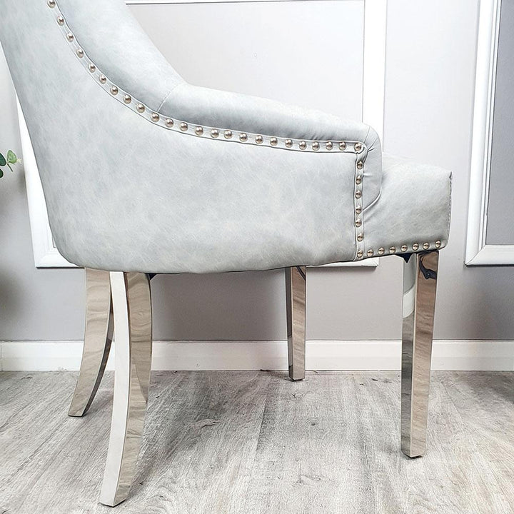 Megan Light Grey PU Dining Chair Faux Leather Lion Knocker Chrome - Belmont Interiors
