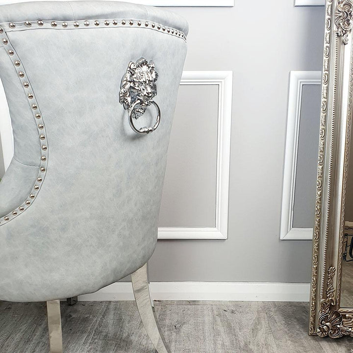 Megan Light Grey PU Dining Chair Faux Leather Lion Knocker Chrome - Belmont Interiors