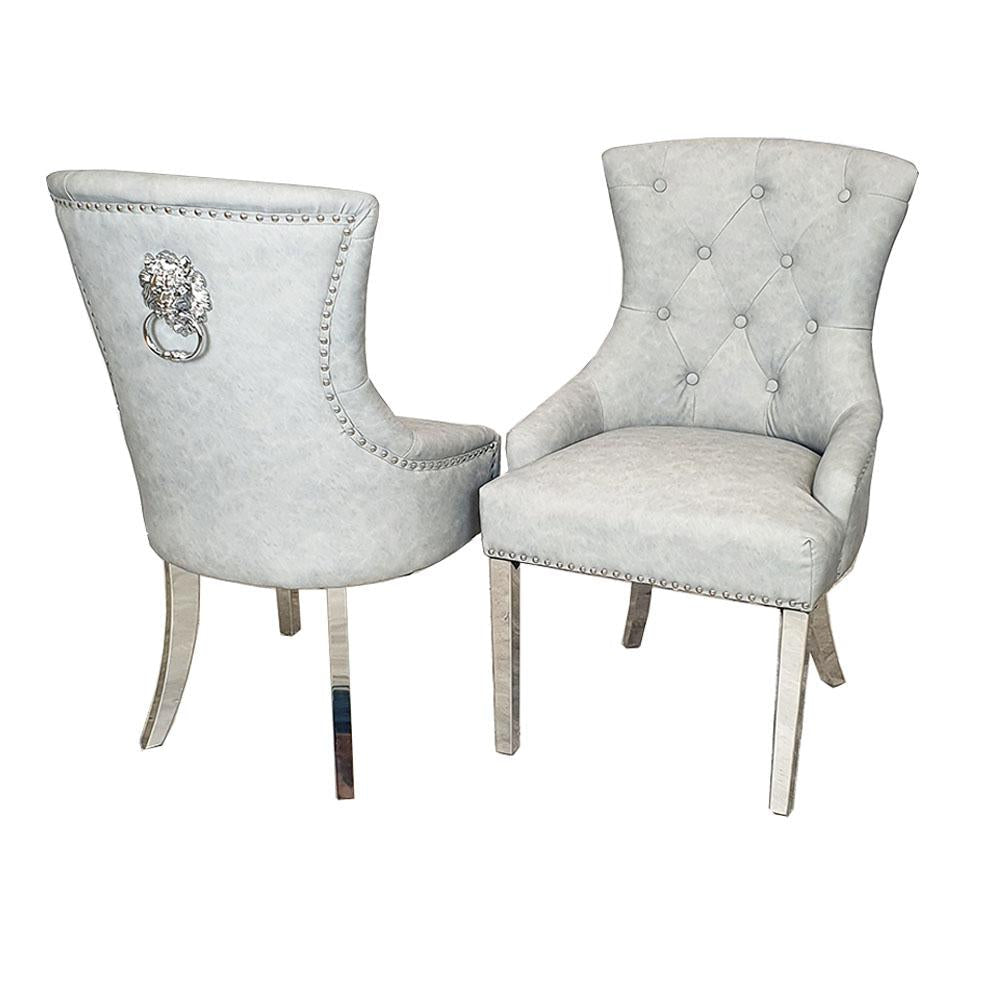 Megan Light Grey PU Dining Chair Faux Leather Lion Knocker Chrome - Belmont Interiors