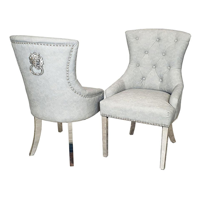 Megan Light Grey PU Dining Chair Faux Leather Lion Knocker Chrome - Belmont Interiors