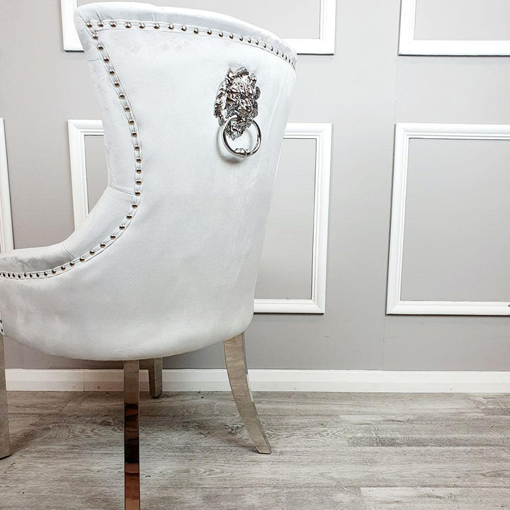 Megan Light Grey Plush Velvet Lion Knocker Dining Chair - Belmont Interiors
