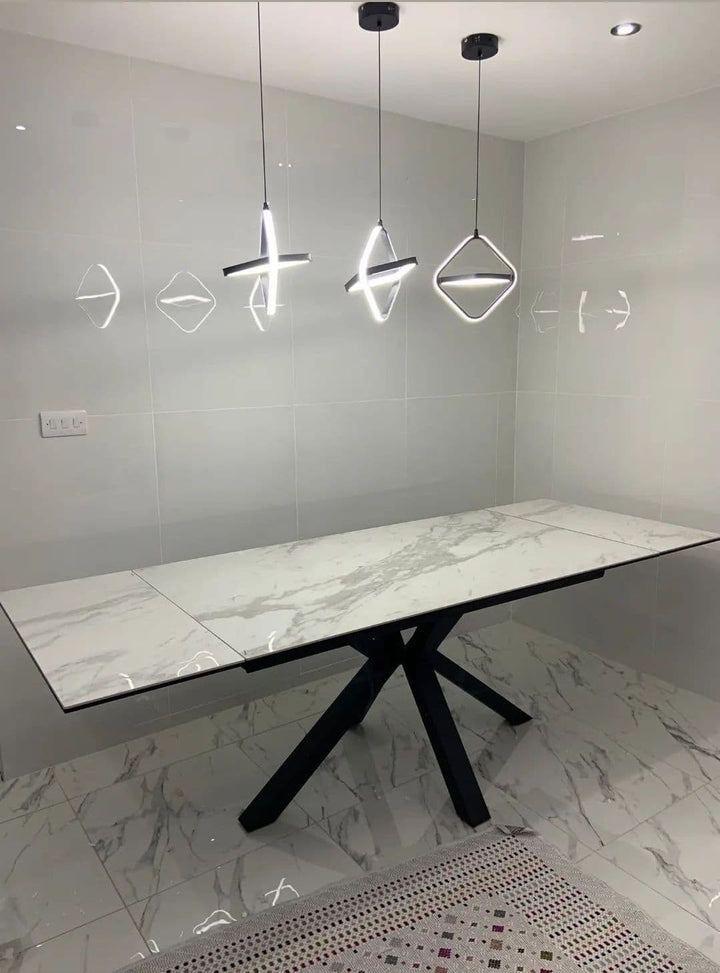 Phoenix 160-240cm White Ceramic Marble Extending Table + Grey Velvet Swivel Dining Chairs - Belmont Interiors