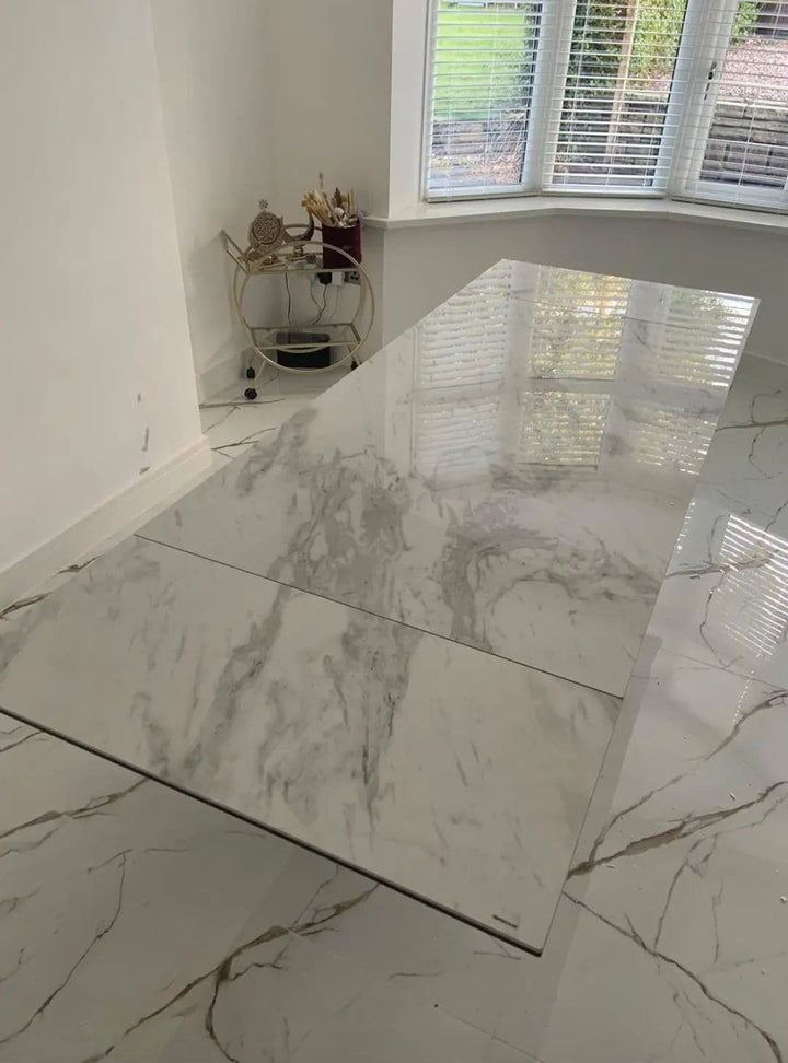 Phoenix 160-240cm White Ceramic Marble Extending Table + Grey Velvet Swivel Dining Chairs - Belmont Interiors