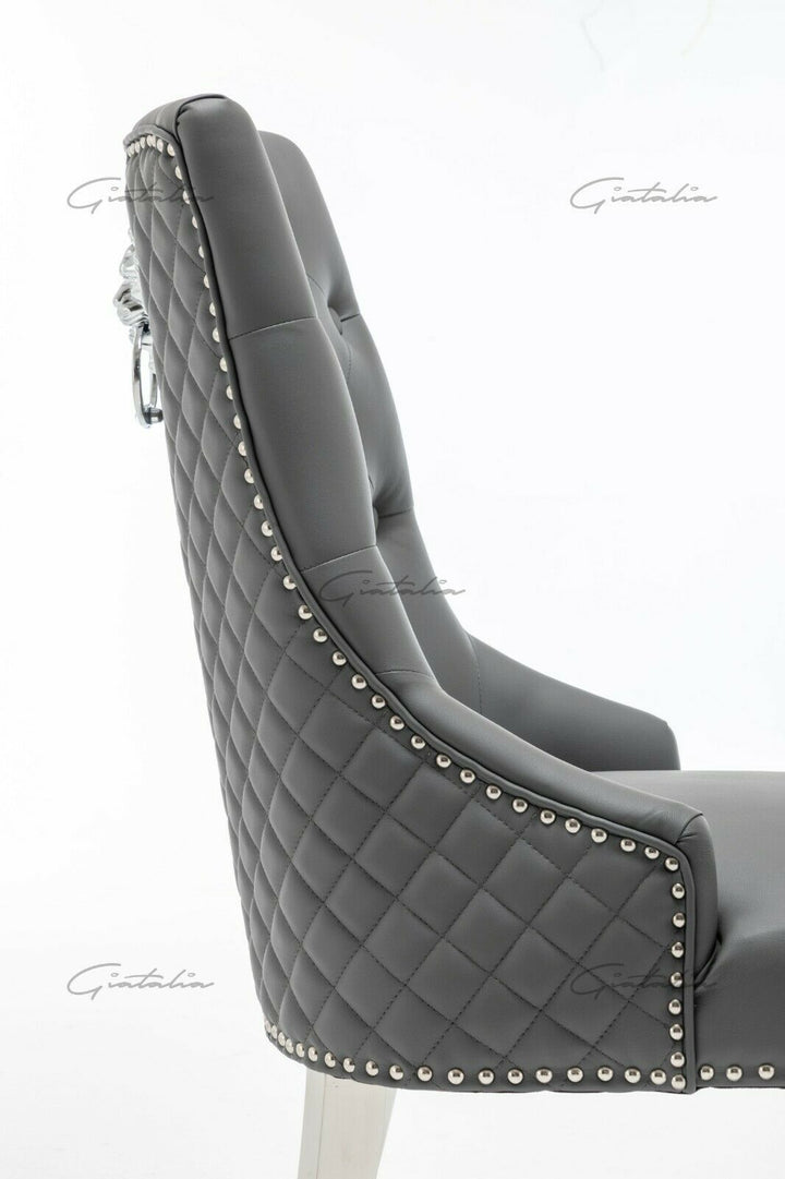 Winchester Grey PU Dining Chair Faux Leather Lion Knocker Chrome - Belmont Interiors