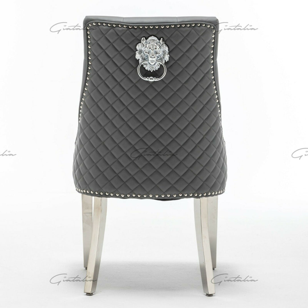 Winchester Grey PU Dining Chair Faux Leather Lion Knocker Chrome - Belmont Interiors