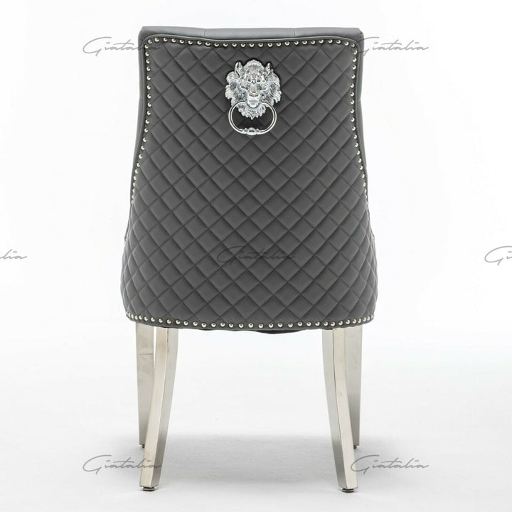 Winchester Grey PU Dining Chair Faux Leather Lion Knocker Chrome - Belmont Interiors