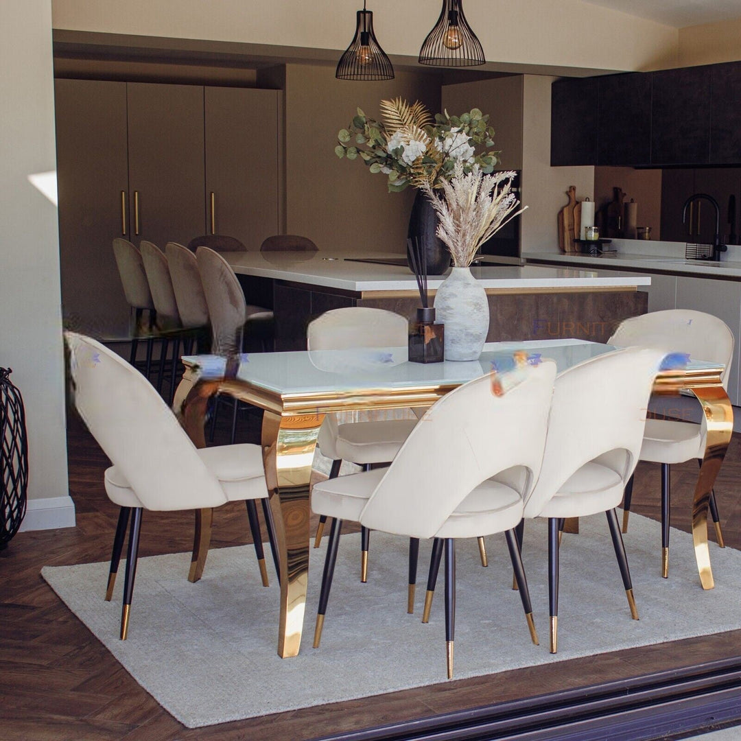 Louis Glass & Gold Dining Table With Astra Velvet / Leather Chairs-Dining Table & Chairs Set-Cuthwells-Belmont Interiors