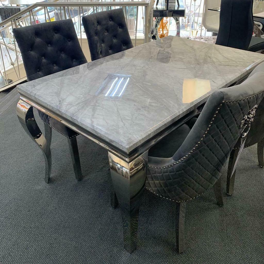 Louis 180cm White Marble Dining Table + 4 Grey Lion Knocker Quilted Back Chairs + 130cm Bench - Belmont Interiors
