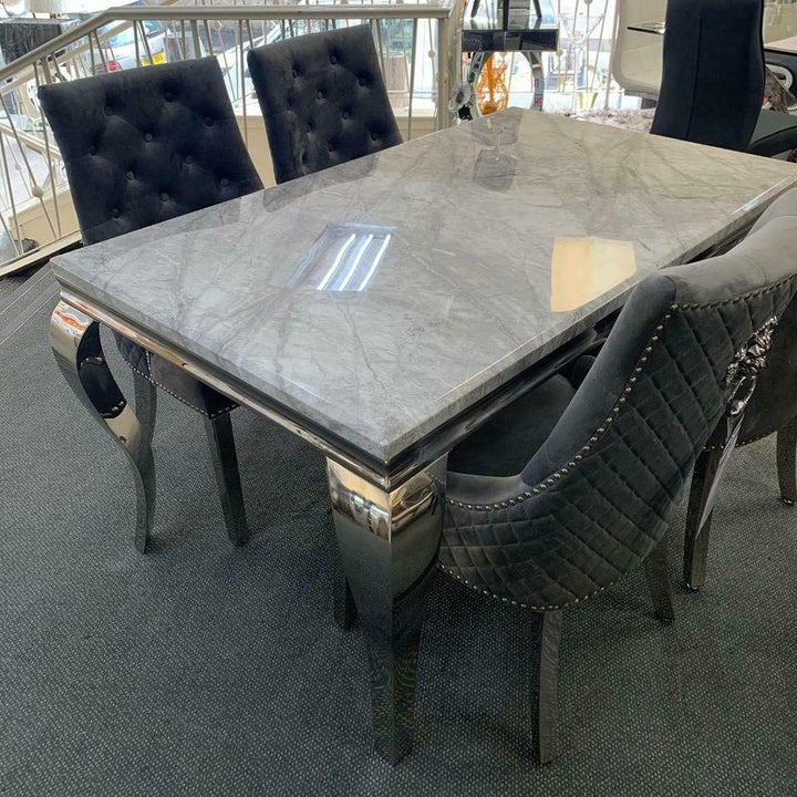 Louis 180cm White Marble Dining Table + 4 Grey Lion Knocker Quilted Back Chairs + 130cm Bench - Belmont Interiors
