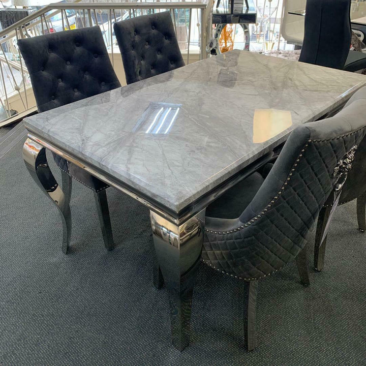 Louis 160cm White Marble Dining Table + Grey Lion Knocker Plush Velvet Chairs - Belmont Interiors