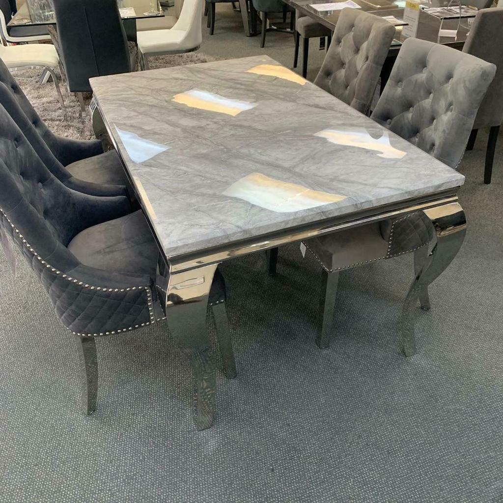 Louis 180cm White Marble Dining Table + 4 Grey Lion Knocker Quilted Back Chairs + 130cm Bench - Belmont Interiors