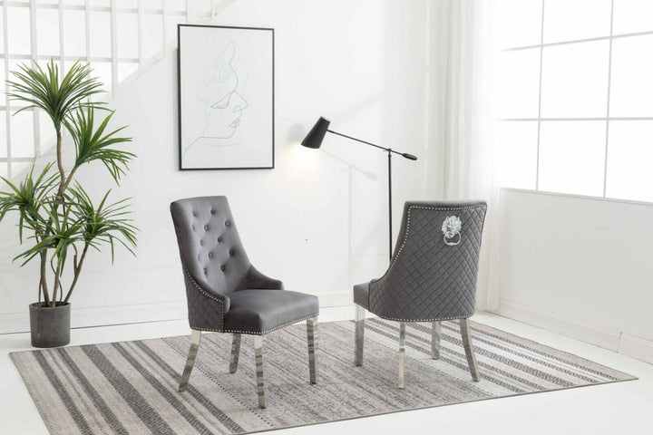 Louis 160cm White Marble Dining Table + Grey Lion Knocker Plush Velvet Chairs - Belmont Interiors