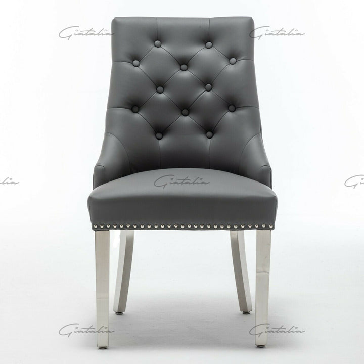 Winchester Grey PU Dining Chair Faux Leather Lion Knocker Chrome - Belmont Interiors