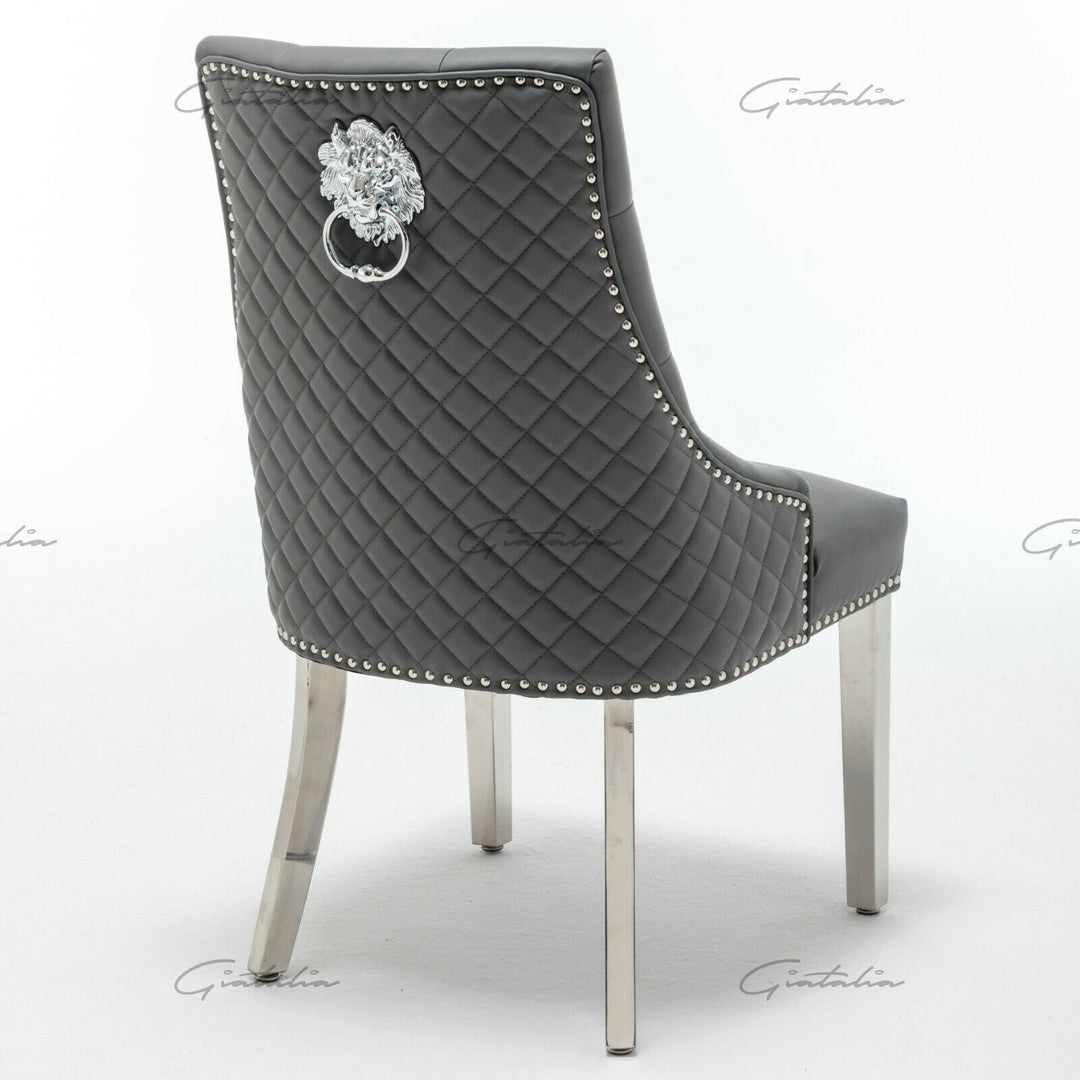 Winchester Grey PU Dining Chair Faux Leather Lion Knocker Chrome - Belmont Interiors