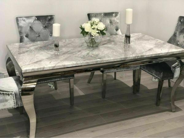Louis 160cm Grey Marble Dining Table + 4 Grey Ring Knocker Chairs + 130cm Bench - Belmont Interiors