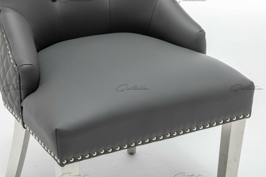 Winchester Grey PU Dining Chair Faux Leather Lion Knocker Chrome - Belmont Interiors