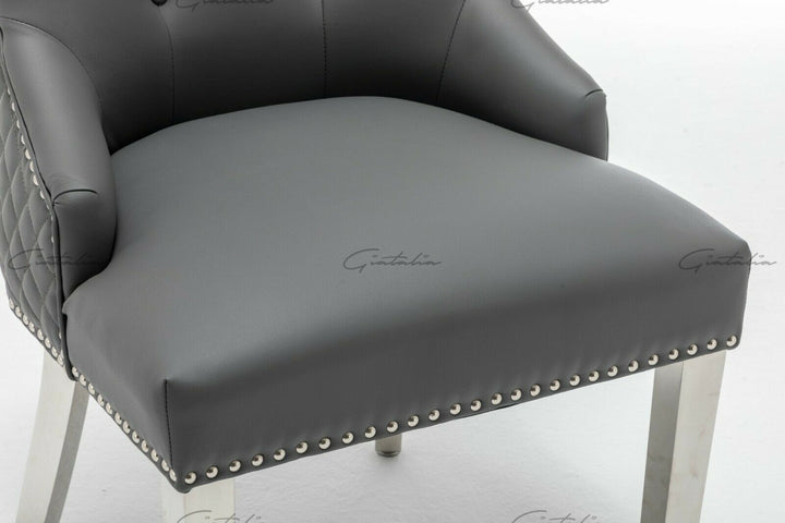 Winchester Grey PU Dining Chair Faux Leather Lion Knocker Chrome - Belmont Interiors