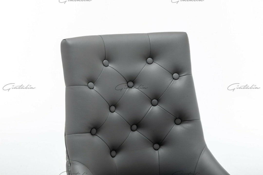 Winchester Grey PU Dining Chair Faux Leather Lion Knocker Chrome - Belmont Interiors