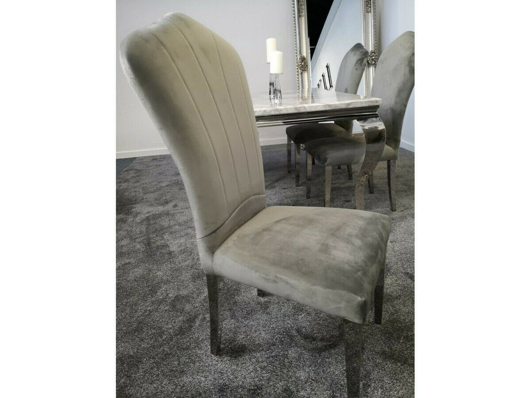 X Frame Grey Marble 180cm Dining Table + Grey Lucy Velvet Chairs - Belmont Interiors