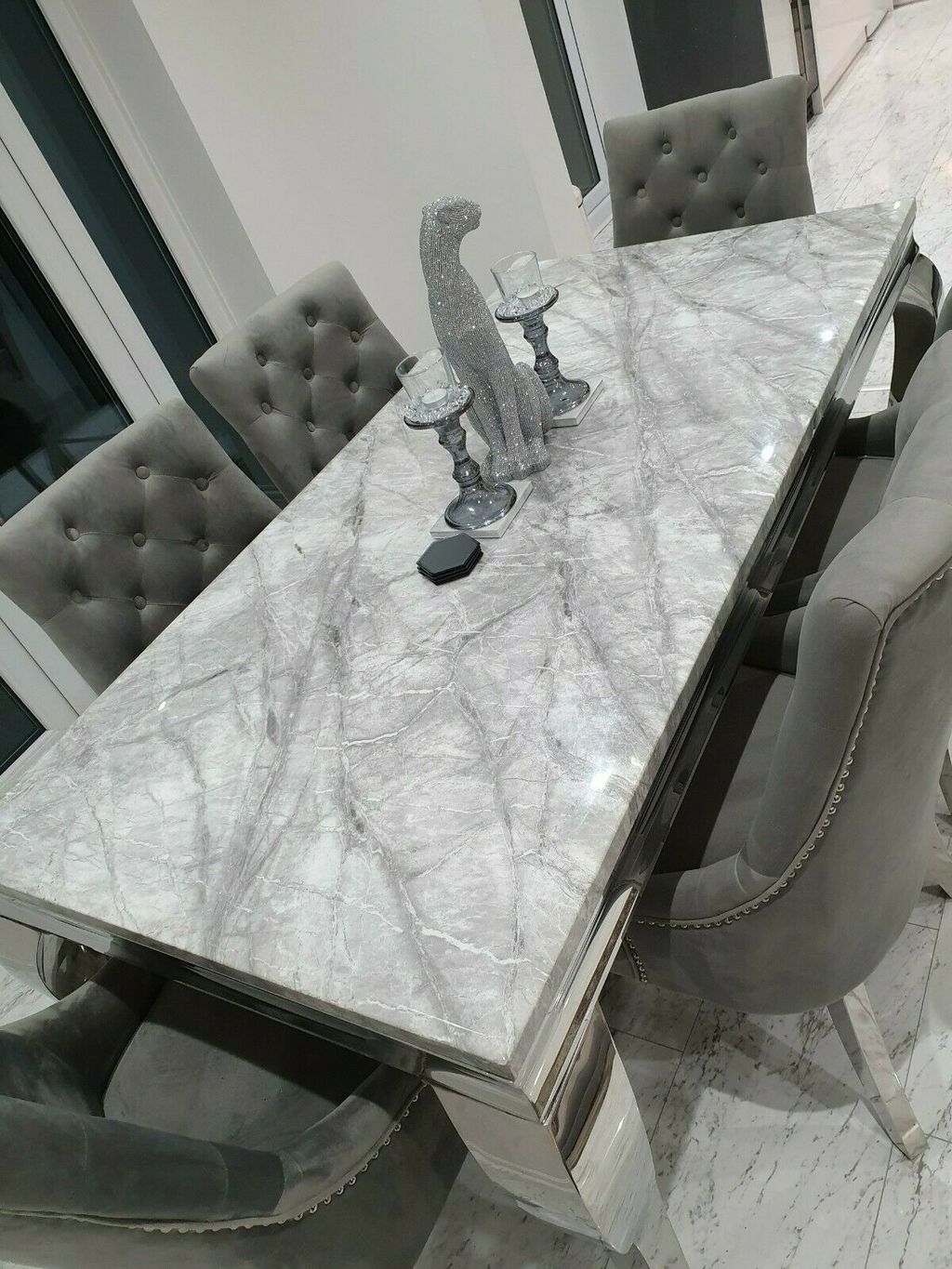 Louis 160cm Grey Marble Dining Table + 4 Grey Ring Knocker Chairs + 130cm Bench - Belmont Interiors
