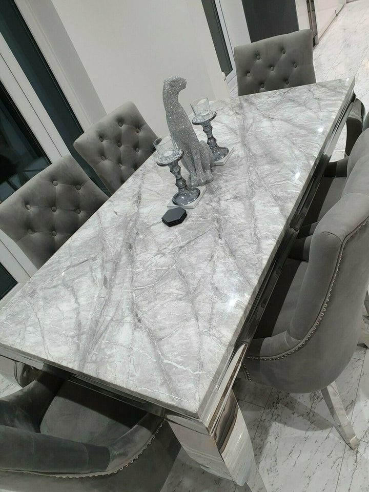 Louis 160cm Grey Marble Dining Table + 4 Grey Ring Knocker Chairs + 130cm Bench - Belmont Interiors