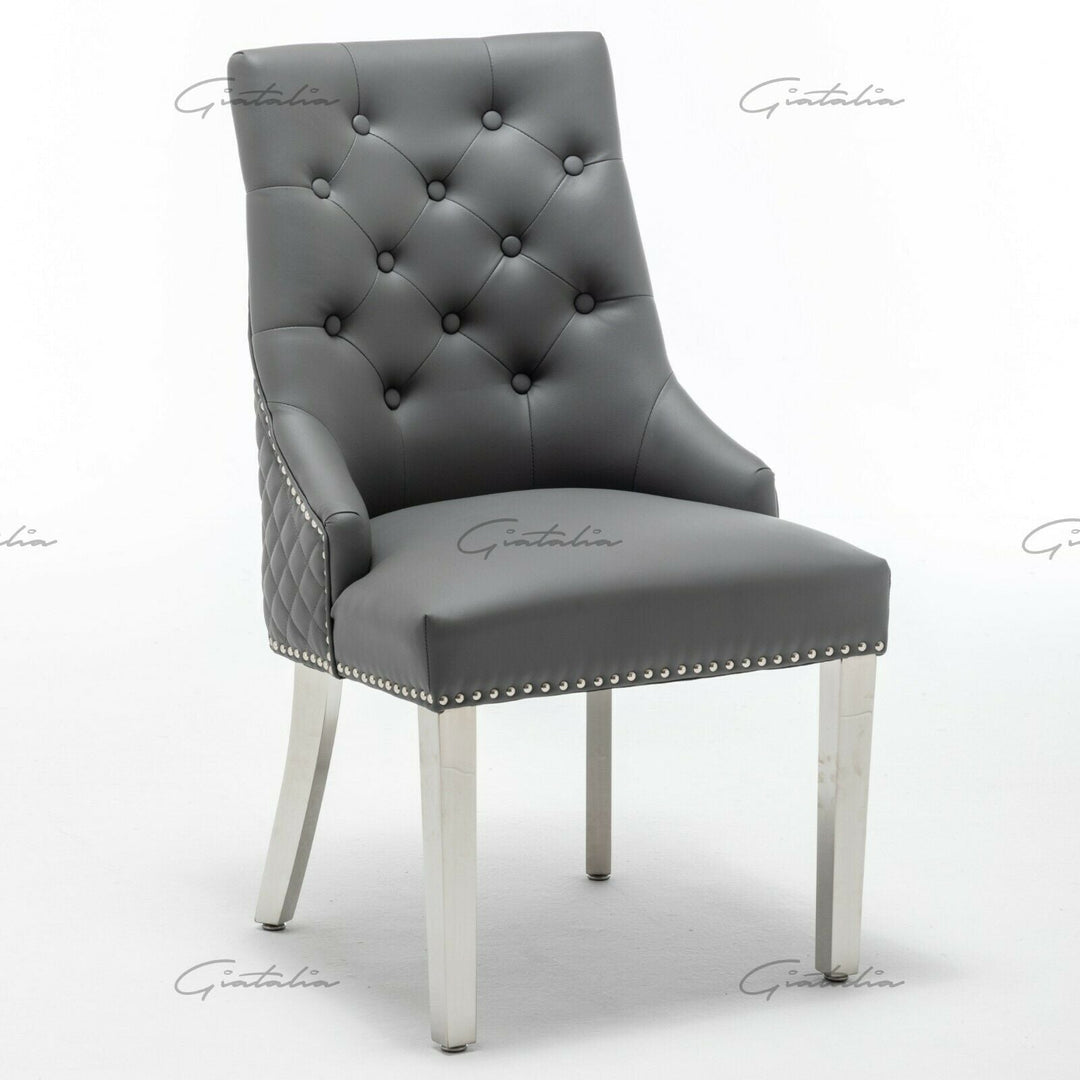 Winchester Grey PU Dining Chair Faux Leather Lion Knocker Chrome - Belmont Interiors