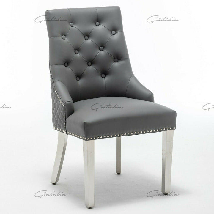 Winchester Grey PU Dining Chair Faux Leather Lion Knocker Chrome - Belmont Interiors