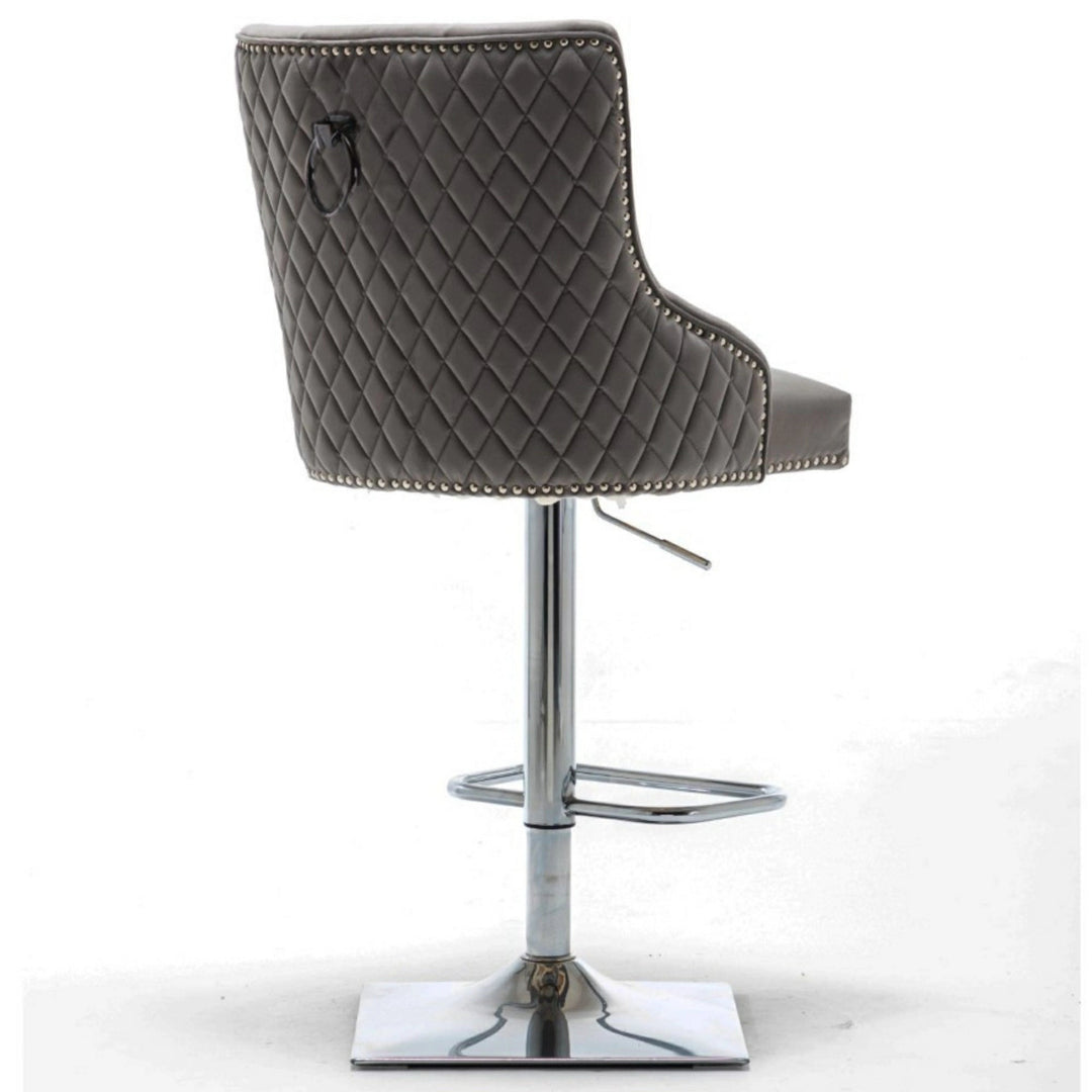 Portland, Dark Grey French Velvet, Ring Knocker Quilted Back Bar Stool - Belmont Interiors