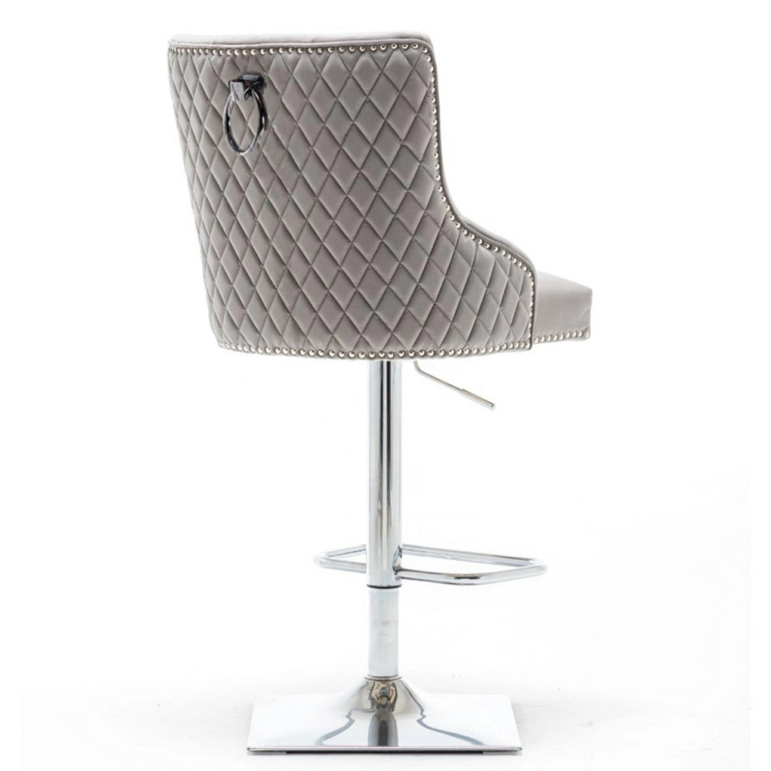 Portland, Light Grey French Velvet, Ring Knocker Quilted Back Bar Stool - Belmont Interiors