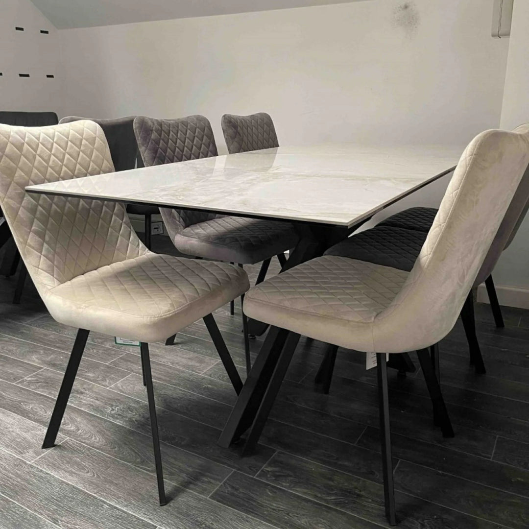 Nova 140cm Grey/Gold Ceramic Marble Dining Table - Belmont Interiors