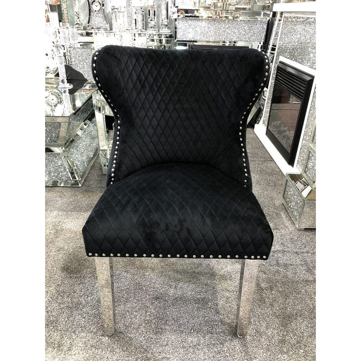Valentino Black Quilted French Velvet Chrome Leg Lion Knockerback Dining Chair - Belmont Interiors