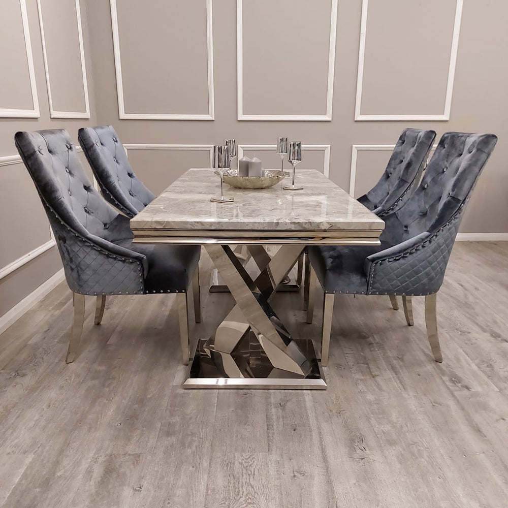 Xavia 180cm Marble Dining Table + Lion Knocker Plush Velvet Dining Chairs - Belmont Interiors