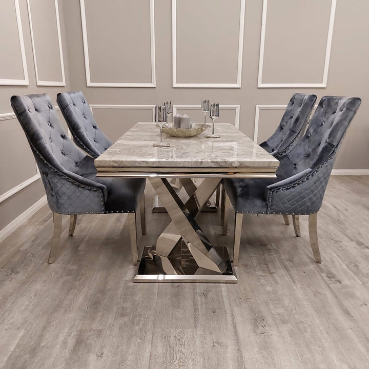 Xavia 180cm Marble Dining Table + Lion Knocker Plush Velvet Dining Chairs - Belmont Interiors